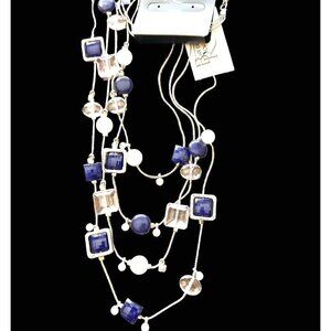 Bayberry Road Silver Four Tier Necklace w Navy Blue, Pink & Faux Diamond Stones